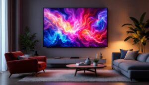 A photograph of a stylish living room featuring a vibrant led wall display