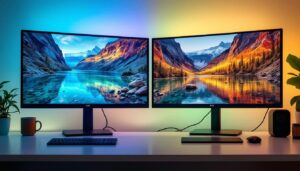 A photograph of a side-by-side comparison of an led monitor and an lcd monitor