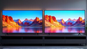A photograph of a side-by-side comparison of a qled and an led lcd television displaying vibrant