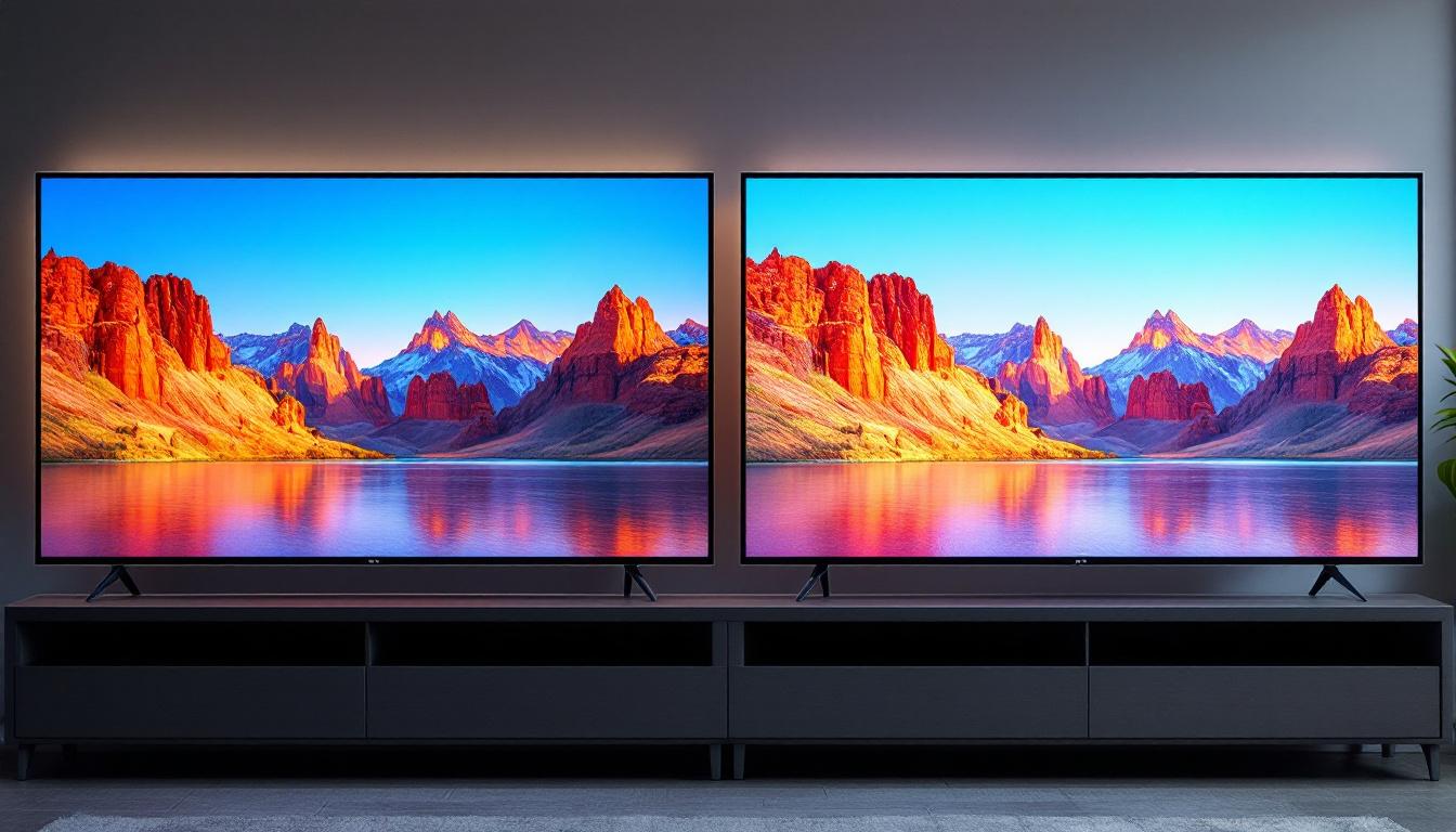 A photograph of a side-by-side comparison of a qled and an led lcd television displaying vibrant