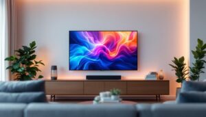 A photograph of a modern living room setting featuring a sleek micro led tv displaying vibrant colors