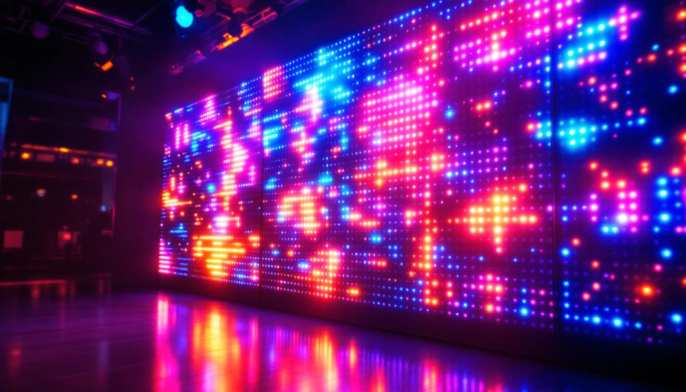 A photograph of a vibrant led display backdrop featuring dynamic colors and patterns