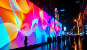 A photograph of capture a photograph of a vibrant led display in a bustling urban environment
