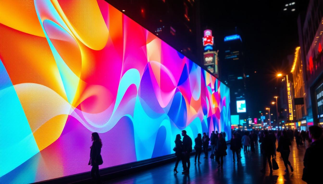 A photograph of capture a photograph of a vibrant led display in a bustling urban environment