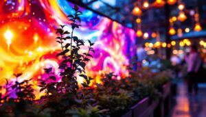 A photograph of a vibrant led display showcasing dynamic visuals and colors
