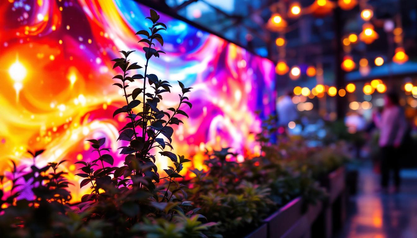 A photograph of a vibrant led display showcasing dynamic visuals and colors