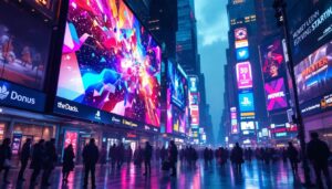 A photograph of a vibrant led display in a bustling urban environment