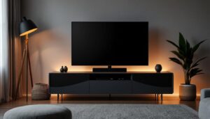 A photograph of a stylish living room featuring a modern pedestal tv stand displaying a sleek flat-screen led tv