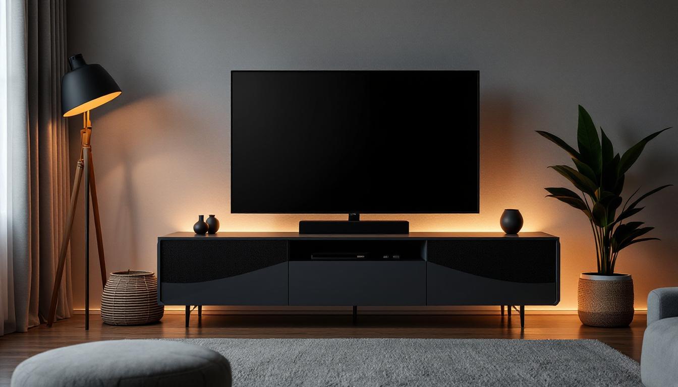 A photograph of a stylish living room featuring a modern pedestal tv stand displaying a sleek flat-screen led tv