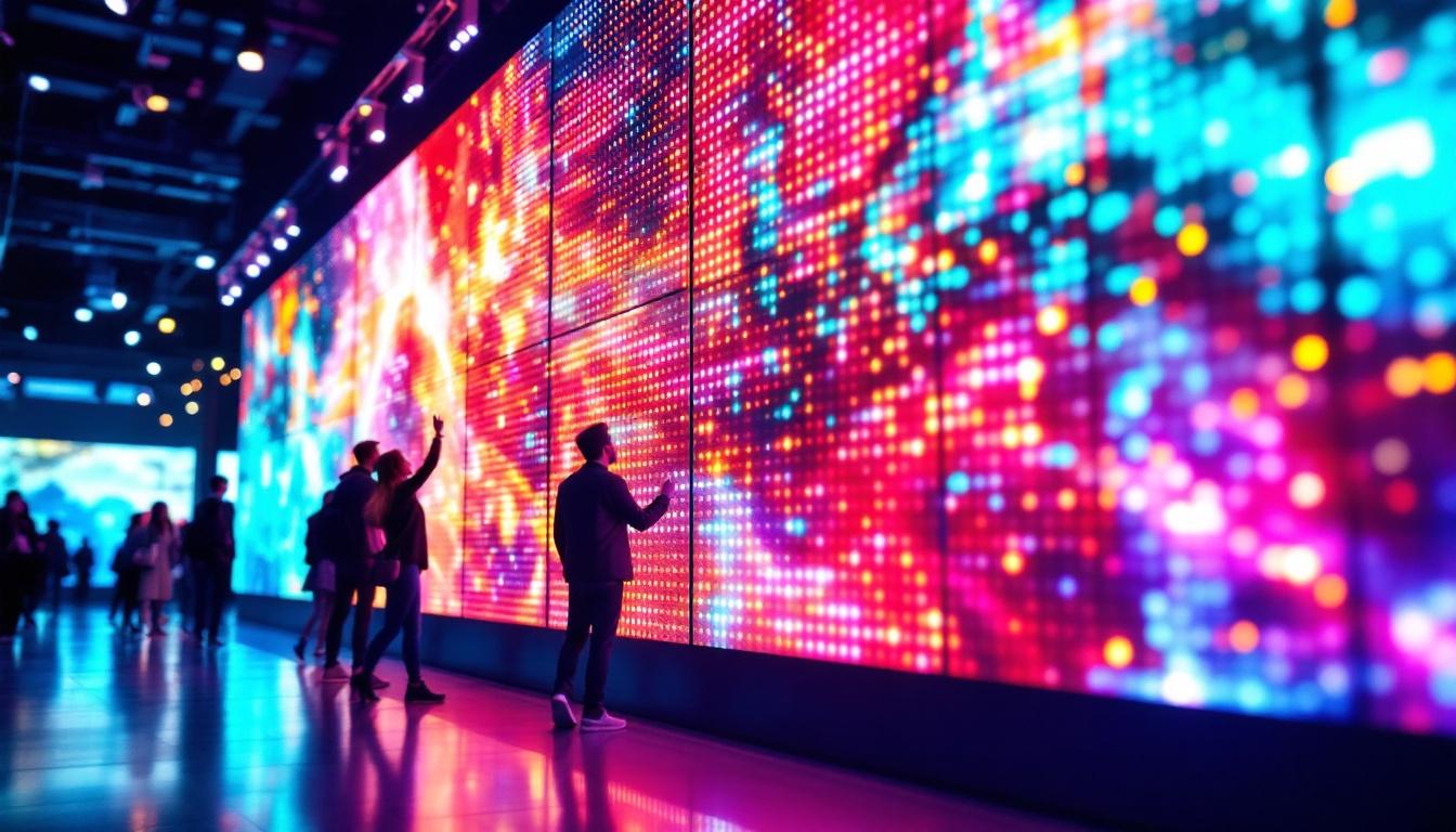 A photograph of a vibrant led display in a dynamic setting
