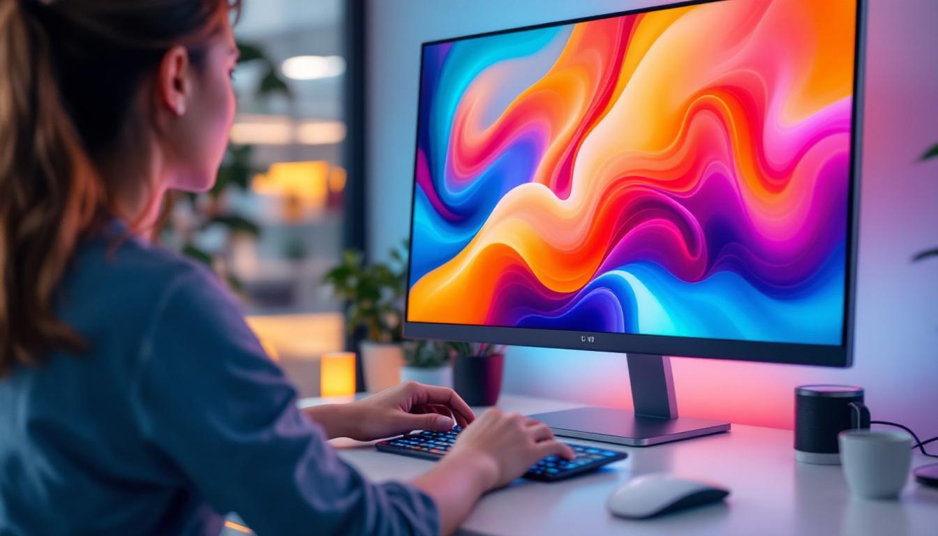 A photograph of capture a photograph of a sleek desktop setup featuring a modern touch screen led display