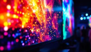 A photograph of a high-resolution led display showcasing vibrant colors and dynamic visuals