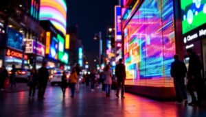 A photograph of capture a photograph of a vibrant led display in a bustling urban setting in hillsboro