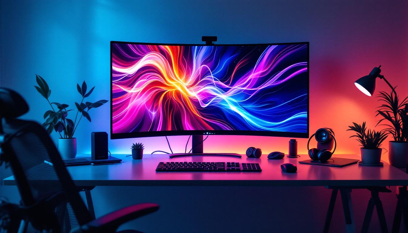 A photograph of a sleek double-width desk setup featuring an led display