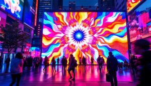 A photograph of a vibrant led display in a dynamic urban setting
