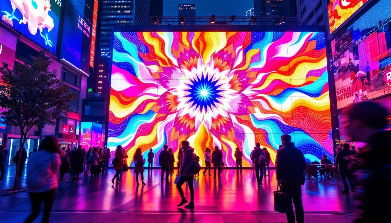 A photograph of a vibrant led display in a dynamic urban setting