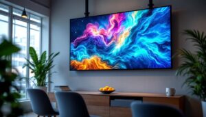 A photograph of capture a photograph of a vibrant led display screen showcasing content at a height of 110 inches