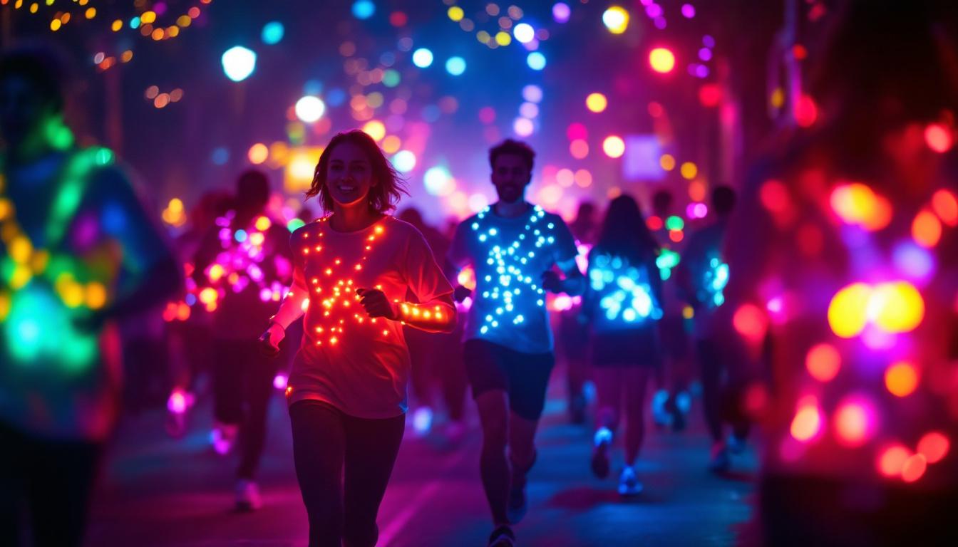 A photograph of a vibrant scene from the bright lights 5k event