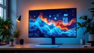 A photograph of a sleek 55-inch touch screen monitor in a modern workspace setting