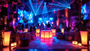 A photograph of capture a photograph of an elegantly set party space featuring a vibrant led display
