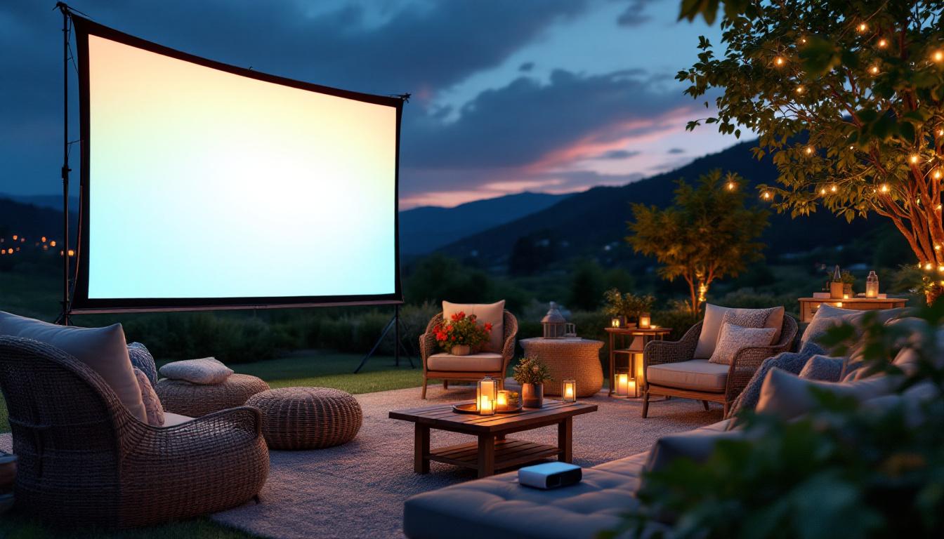 A photograph of a vibrant outdoor movie setup featuring an led projector and screen