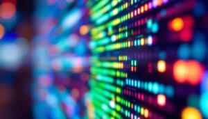 A photograph of a close-up shot of a vibrant led display in action