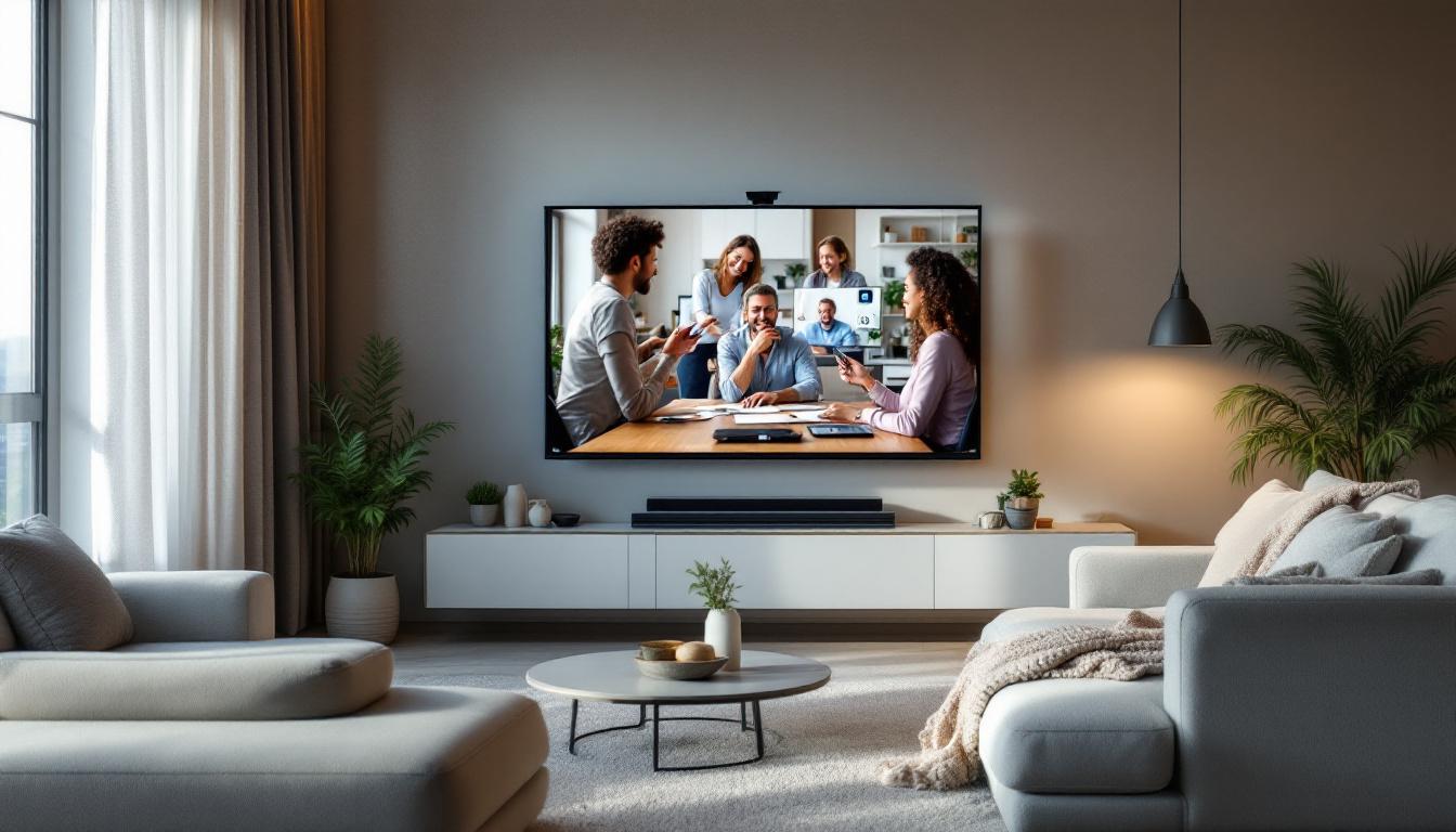 A photograph of a modern living room setup featuring a smart tv displaying a video conferencing interface