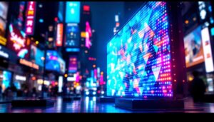 A photograph of a vibrant led display in a dynamic urban setting