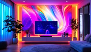 A photograph of a vibrant led light wallpaper display in a modern interior setting