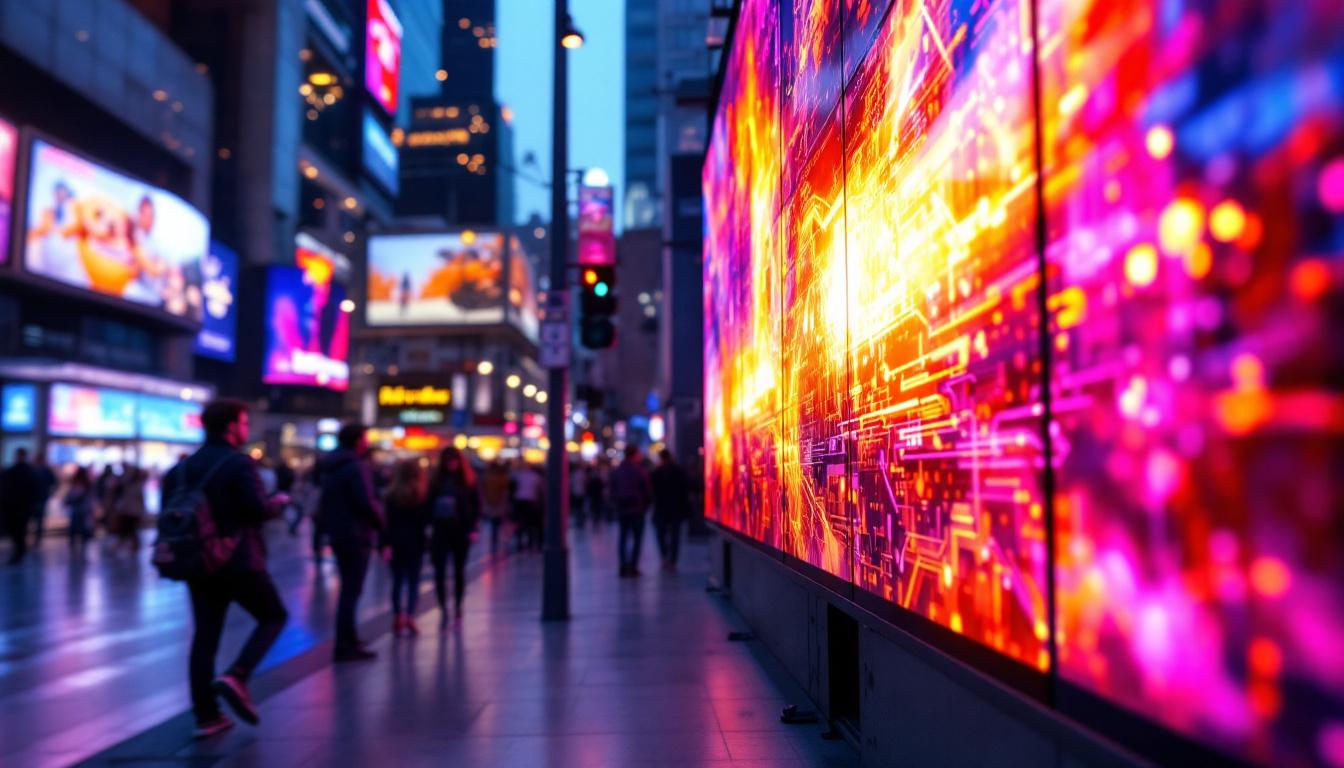A photograph of a vibrant led display in an urban setting