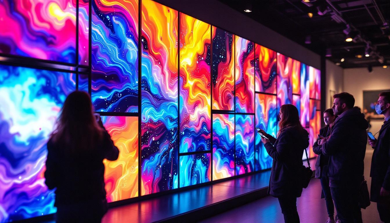 A photograph of a vibrant artist display panel featuring an led screen in an art gallery setting