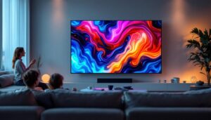 A photograph of a large led lcd tv displayed in a modern living room setting