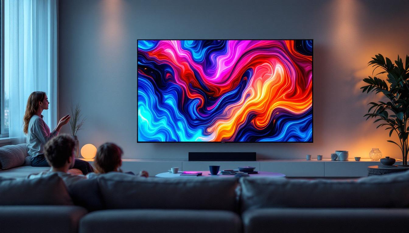A photograph of a large led lcd tv displayed in a modern living room setting