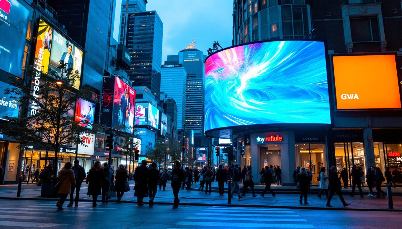 A photograph of a vibrant street scene featuring a large led advertising screen displaying dynamic content