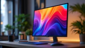 A photograph of a sleek led monitor displaying vibrant colors and sharp images