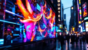 A photograph of a vibrant led display showcasing dynamic digital signage in a bustling urban environment