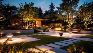 A photograph of a beautifully illuminated outdoor space featuring matter outdoor lights