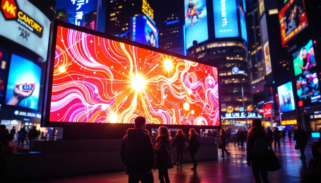 A photograph of a vibrant led display in a dynamic urban setting