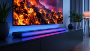 A photograph of capture a photograph of a sleek ultra slim sound bar with an illuminated led display