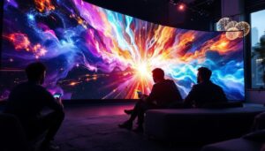 A photograph of a vibrant ultrawide led display showcasing a split-screen setup