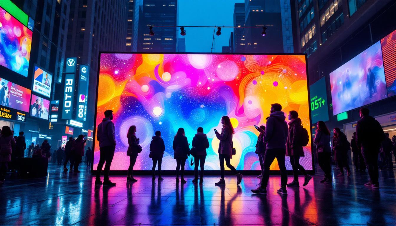 A photograph of a vibrant led display in a dynamic urban setting