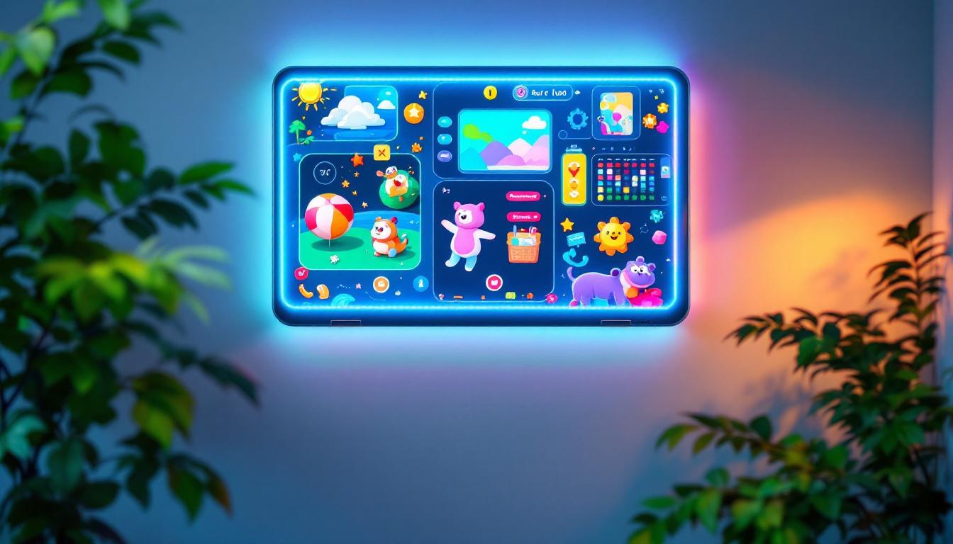 A photograph of capture a photograph of a vibrant wall activity board featuring a dynamic led display