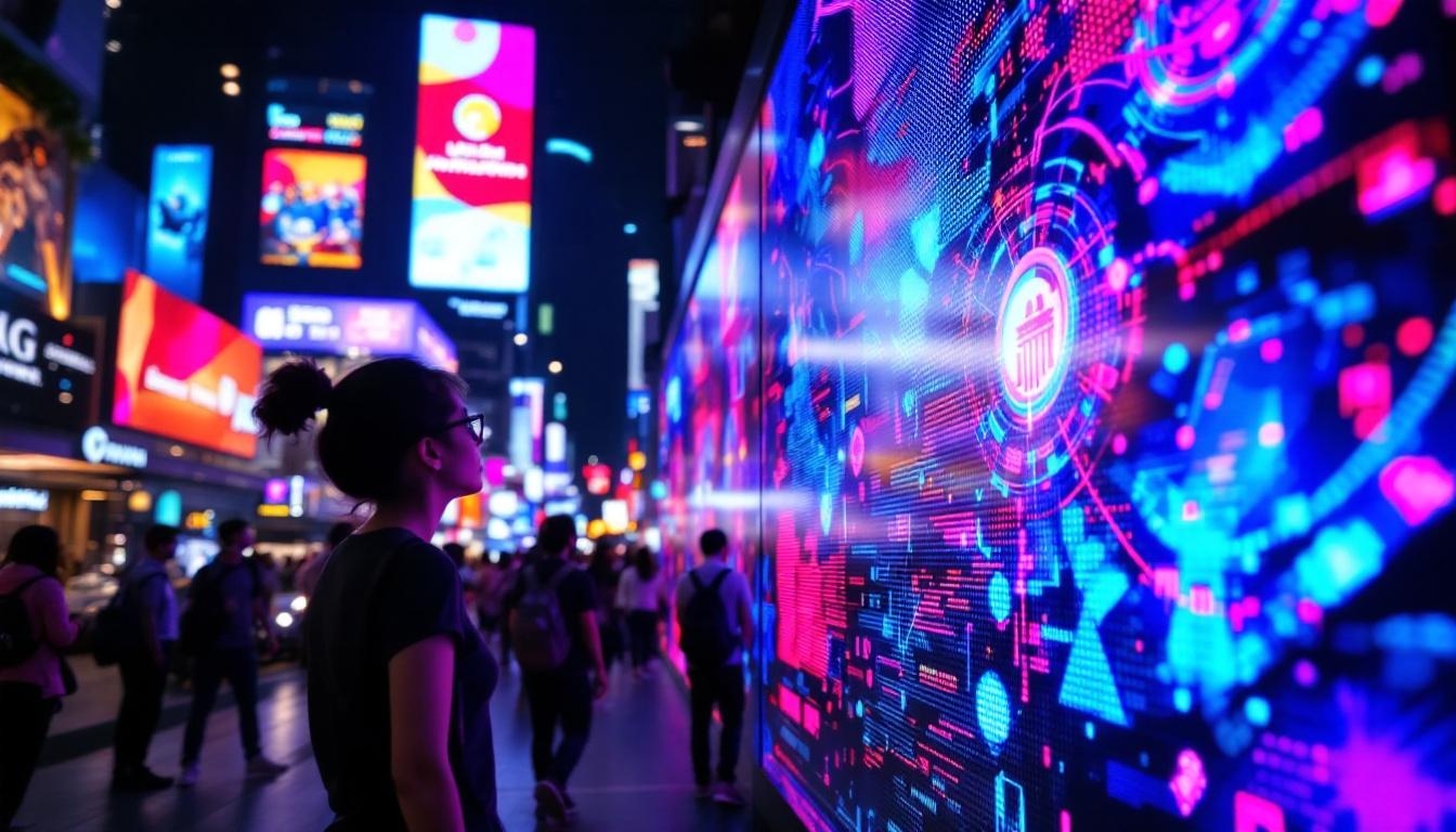 A photograph of a vibrant led display in a bustling urban environment in malaysia