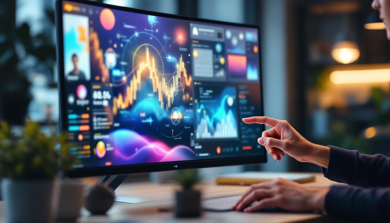 A photograph of capture a photograph of a sleek external touch screen monitor displaying vibrant