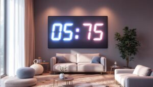 A photograph of a large led digital wall clock prominently displayed in a stylish interior setting