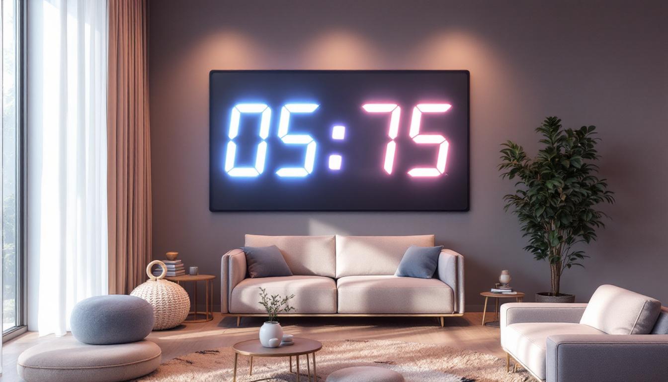A photograph of a large led digital wall clock prominently displayed in a stylish interior setting