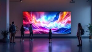 A photograph of a vibrant 32:9 led display in an engaging environment
