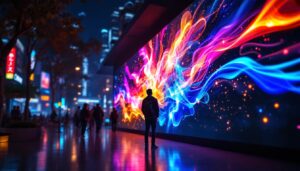 A photograph of a vibrant led display showcasing dynamic colors and visuals in an urban setting