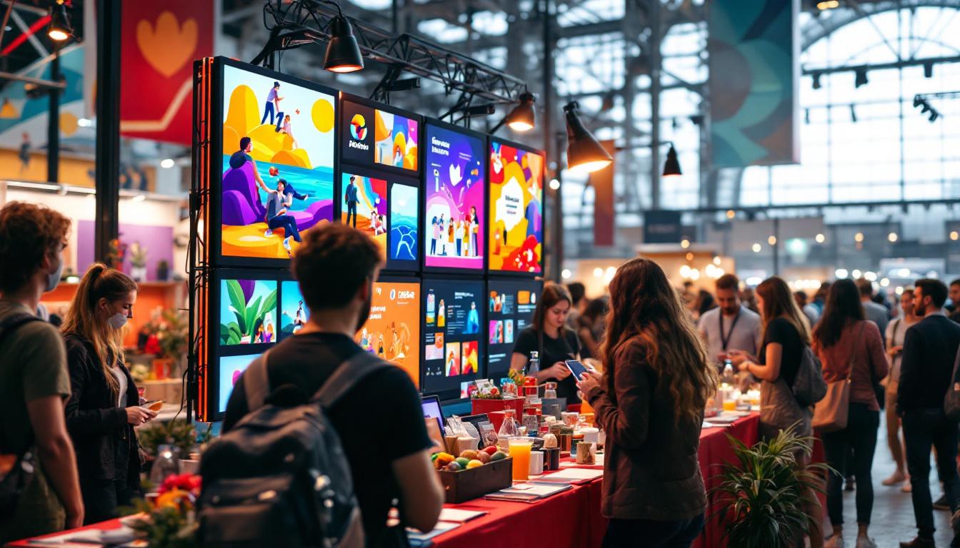 A photograph of a vibrant vendor display featuring an led display stand in action