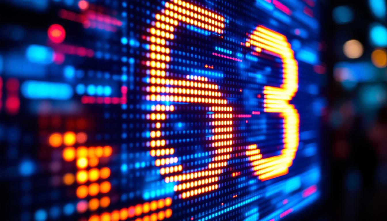 A photograph of a close-up shot of a vibrant led display showcasing the number "63" (which is the result of .7 times 90)